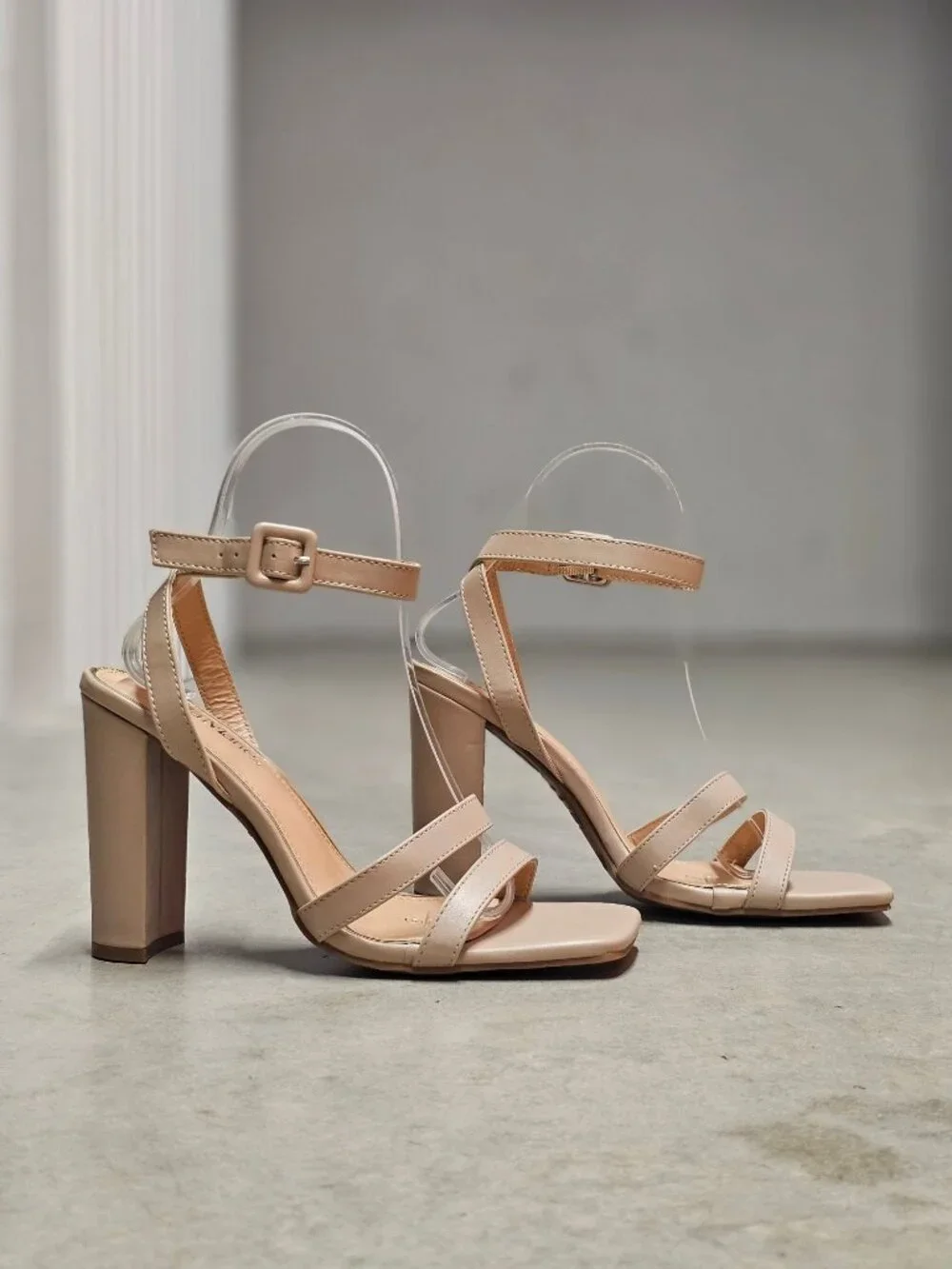 Strappy Nude Block Heel Sandals With Adjustable Ankle Strap - Elegant Design For
